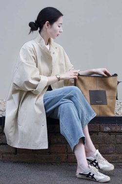 Women's Minimalist Casual Trench Coat for Petite - 2025 Spring Autumn Japanese Workwear with Luxe Feel
