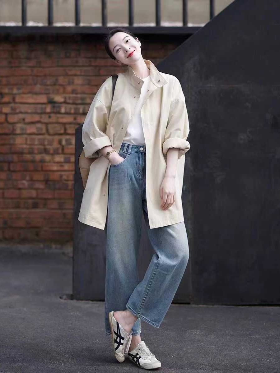 Women's Minimalist Casual Trench Coat for Petite - 2025 Spring Autumn Japanese Workwear with Luxe Feel Women's Minimalist Casual Trench Coat for Petite - 2025 Spring Autumn Japanese Workwear with Luxe Feel