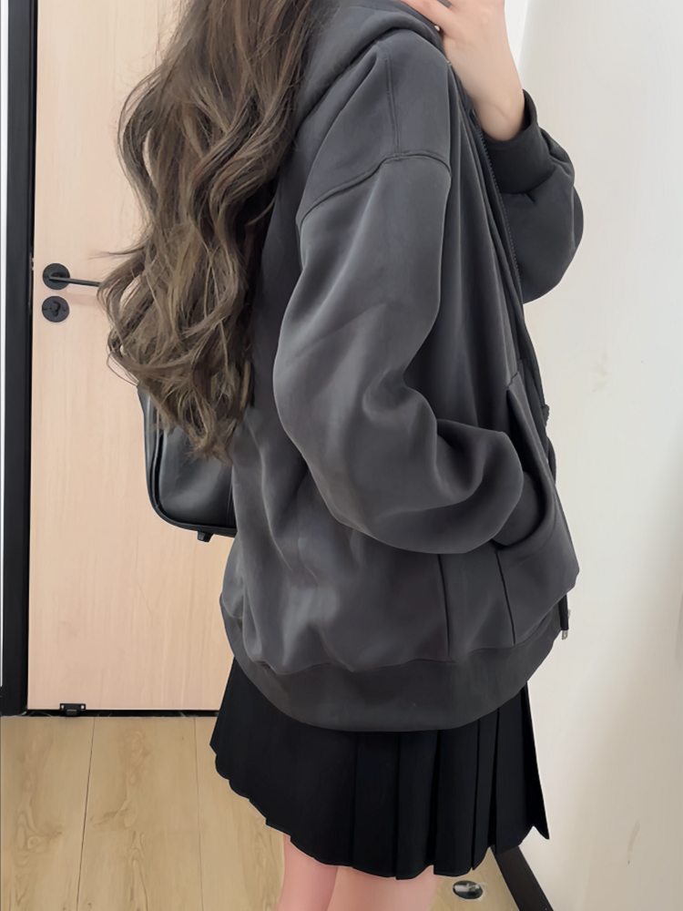 Women's Navy Blue Loose Hooded Sweatshirt, Wine Red Thick Zip-Up Cardigan, Light Gray JK Jacket for Spring & Autumn Fashion Women's Navy Blue Loose Hooded Sweatshirt, Wine Red Thick Zip-Up Cardigan, Light Gray JK Jacket for Spring & Autumn Fashion