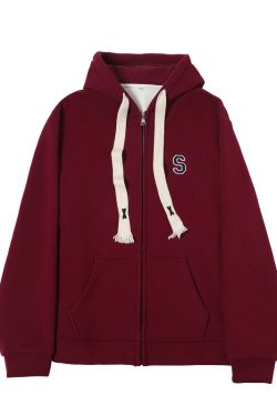 Women's Navy Blue Loose Hooded Sweatshirt, Wine Red Thick Zip-Up Cardigan, Light Gray JK Jacket for Spring & Autumn Fashion