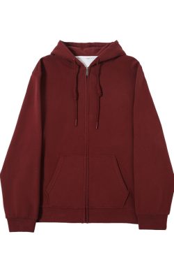 Women's Navy Blue Loose Hooded Sweatshirt, Wine Red Thick Zip-Up Cardigan, Light Gray JK Jacket for Spring & Autumn Fashion