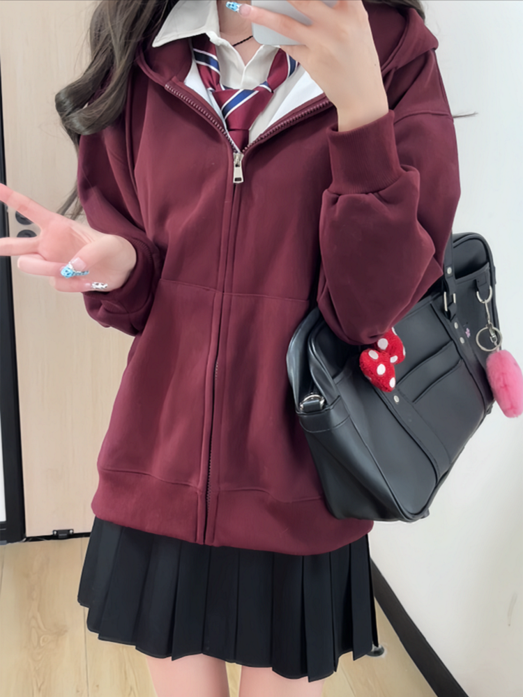 Women's Navy Blue Loose Hooded Sweatshirt, Wine Red Thick Zip-Up Cardigan, Light Gray JK Jacket for Spring & Autumn Fashion Women's Navy Blue Loose Hooded Sweatshirt, Wine Red Thick Zip-Up Cardigan, Light Gray JK Jacket for Spring & Autumn Fashion