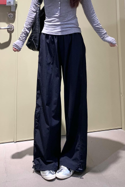 Women's Navy Blue Wide-Leg High-Waisted Casual Work Pants - 2025 Summer American Style Loose Fit Sports Trousers