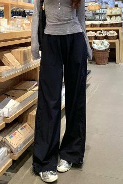 Women's Navy Blue Wide-Leg High-Waisted Casual Work Pants - 2025 Summer American Style Loose Fit Sports Trousers