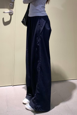 Women's Navy Blue Wide-Leg High-Waisted Casual Work Pants - 2025 Summer American Style Loose Fit Sports Trousers