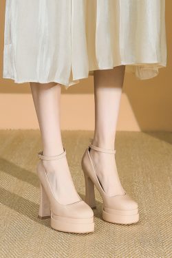 Women's Nude Patent Leather Square Toe Strap Shoes with 11CM Chunky Heel - Stylish Platform Footwear for 2025