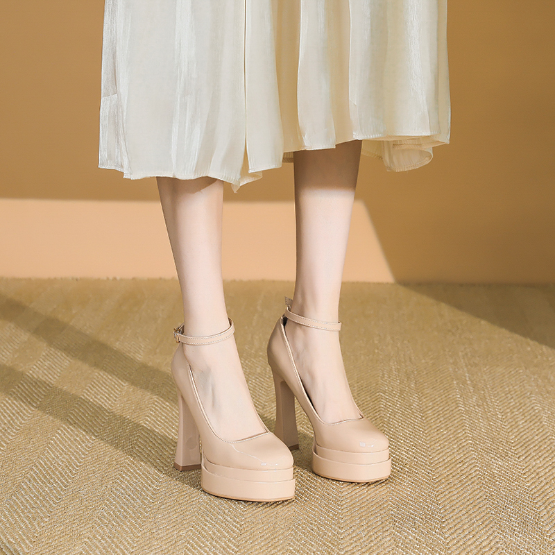 Women's Nude Patent Leather Square Toe Strap Shoes with 11CM Chunky Heel - Stylish Platform Footwear for 2025 Women's Nude Patent Leather Square Toe Strap Shoes with 11CM Chunky Heel - Stylish Platform Footwear for 2025