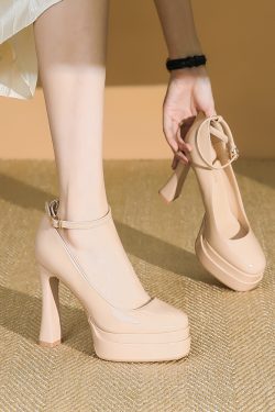 Women's Nude Patent Leather Square Toe Strap Shoes with 11CM Chunky Heel - Stylish Platform Footwear for 2025