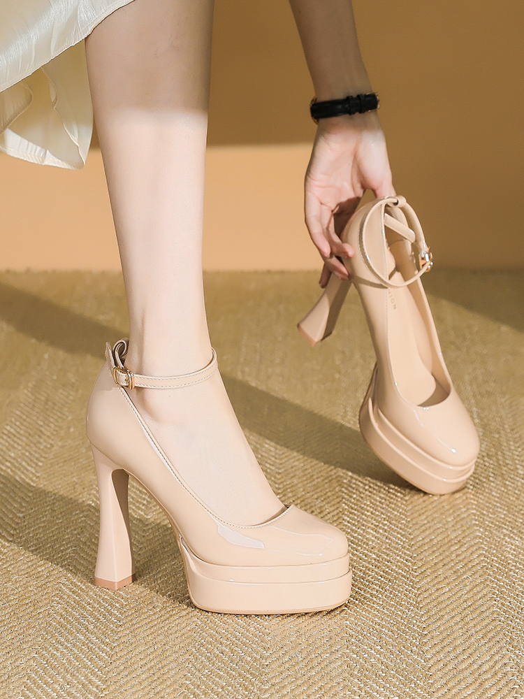 Women's Nude Patent Leather Square Toe Strap Shoes with 11CM Chunky Heel - Stylish Platform Footwear for 2025 Women's Nude Patent Leather Square Toe Strap Shoes with 11CM Chunky Heel - Stylish Platform Footwear for 2025