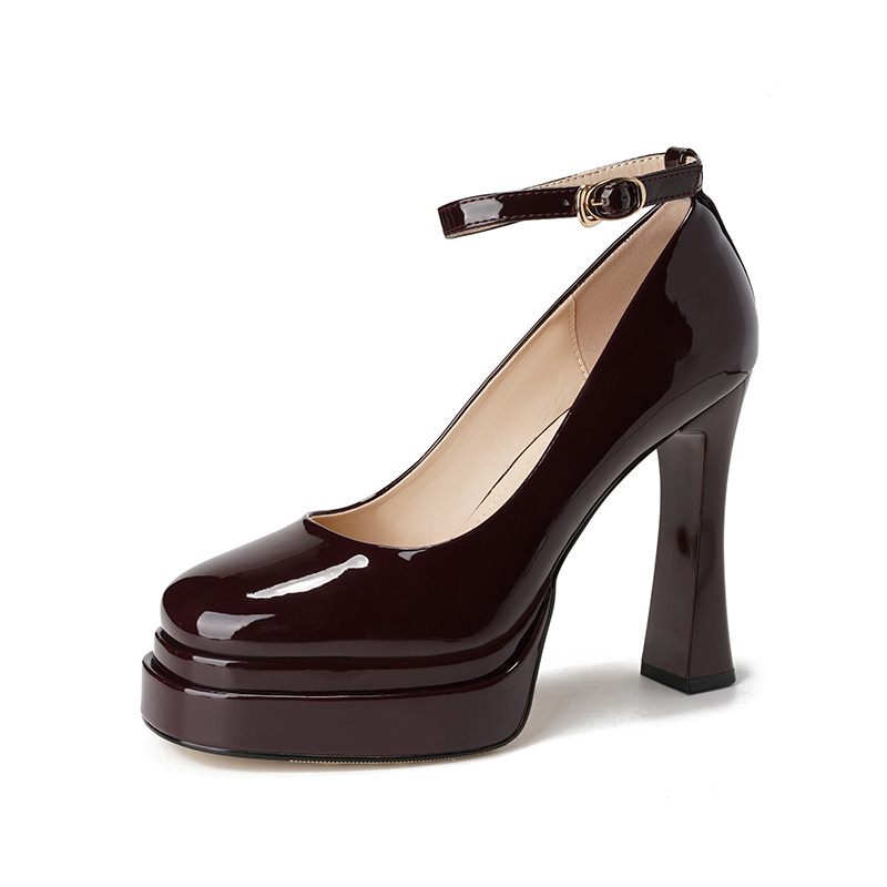 Women's Nude Patent Leather Square Toe Strap Shoes with 11CM Chunky Heel - Stylish Platform Footwear for 2025 Women's Nude Patent Leather Square Toe Strap Shoes with 11CM Chunky Heel - Stylish Platform Footwear for 2025