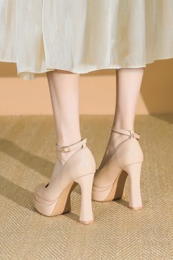 Women's Nude Patent Leather Square Toe Strap Shoes with 11CM Chunky Heel - Stylish Platform Footwear for 2025