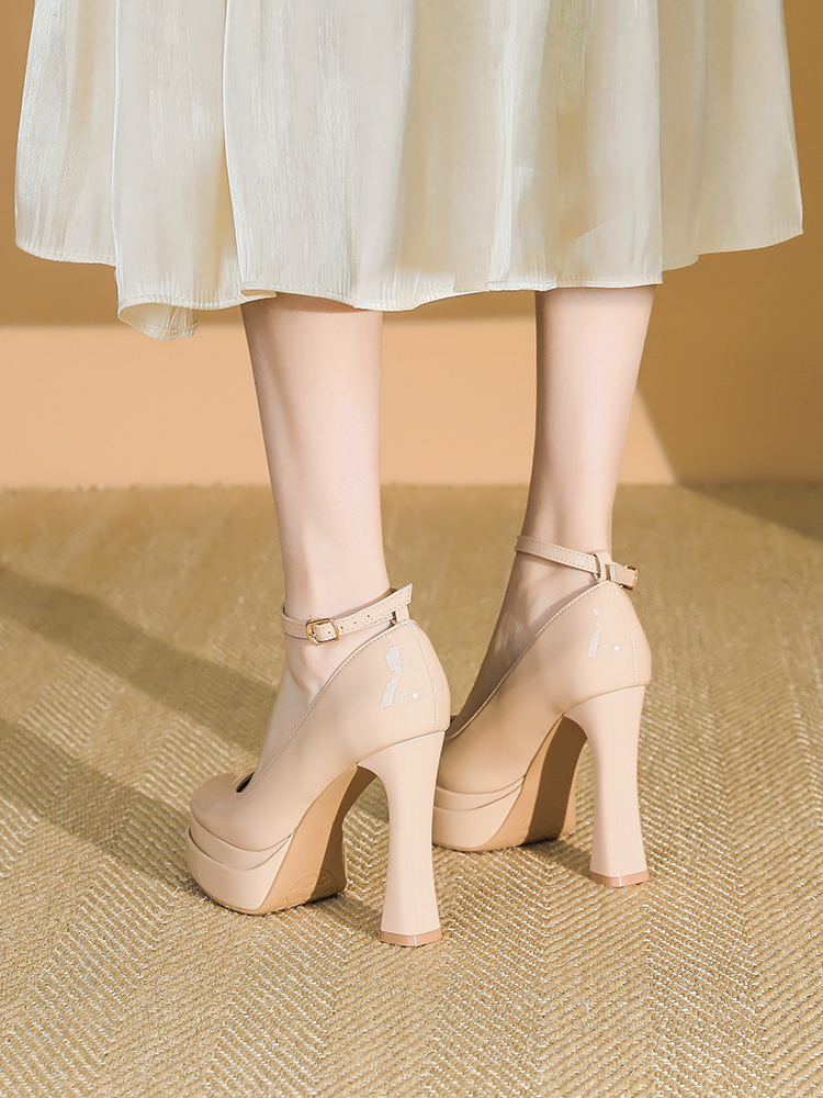 Women's Nude Patent Leather Square Toe Strap Shoes with 11CM Chunky Heel - Stylish Platform Footwear for 2025 Women's Nude Patent Leather Square Toe Strap Shoes with 11CM Chunky Heel - Stylish Platform Footwear for 2025