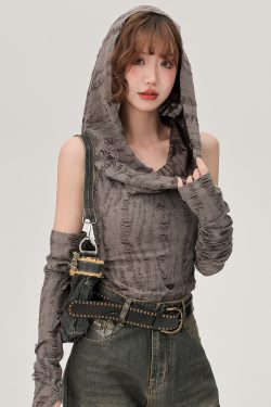 Women's Off-Shoulder Hooded Tank Top - Spicy Girl Wasteland Style, Summer Short Set, American 90s Fashion