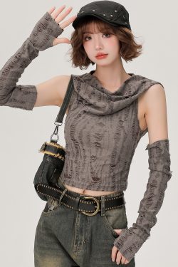 Women's Off-Shoulder Hooded Tank Top - Spicy Girl Wasteland Style, Summer Short Set, American 90s Fashion