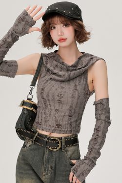 Women's Off-Shoulder Hooded Tank Top - Spicy Girl Wasteland Style, Summer Short Set, American 90s Fashion