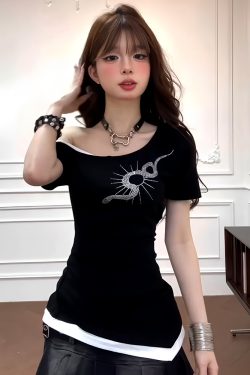 Women's Off-Shoulder Short Sleeve T-Shirt - Fake Two-Piece Design, Slim Fit, Waist-Cinching, Sexy Rhinestone Snake Detail, Summer Style