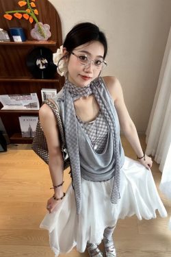 Women's Off-Shoulder Spliced Fake Two-Piece T-Shirt, Summer Plaid Sleeveless Vest, Chic Sexy Casual Top