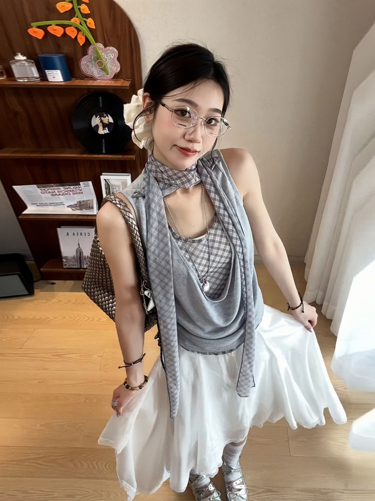 Women's Off-Shoulder Spliced Fake Two-Piece T-Shirt, Summer Plaid Sleeveless Vest, Chic Sexy Casual Top Women's Off-Shoulder Spliced Fake Two-Piece T-Shirt, Summer Plaid Sleeveless Vest, Chic Sexy Casual Top
