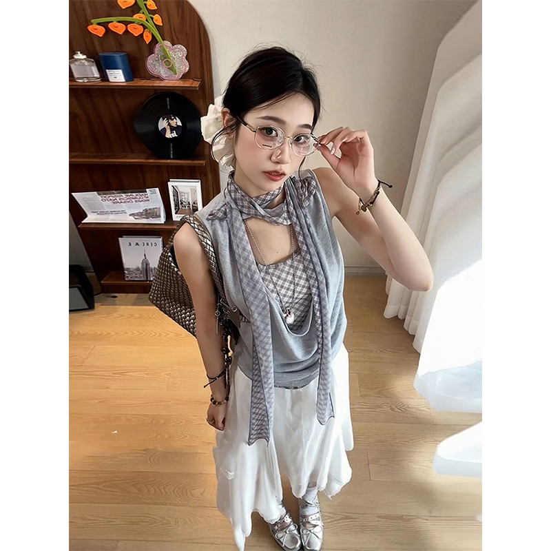 Women's Off-Shoulder Spliced Fake Two-Piece T-Shirt, Summer Plaid Sleeveless Vest, Chic Sexy Casual Top Women's Off-Shoulder Spliced Fake Two-Piece T-Shirt, Summer Plaid Sleeveless Vest, Chic Sexy Casual Top