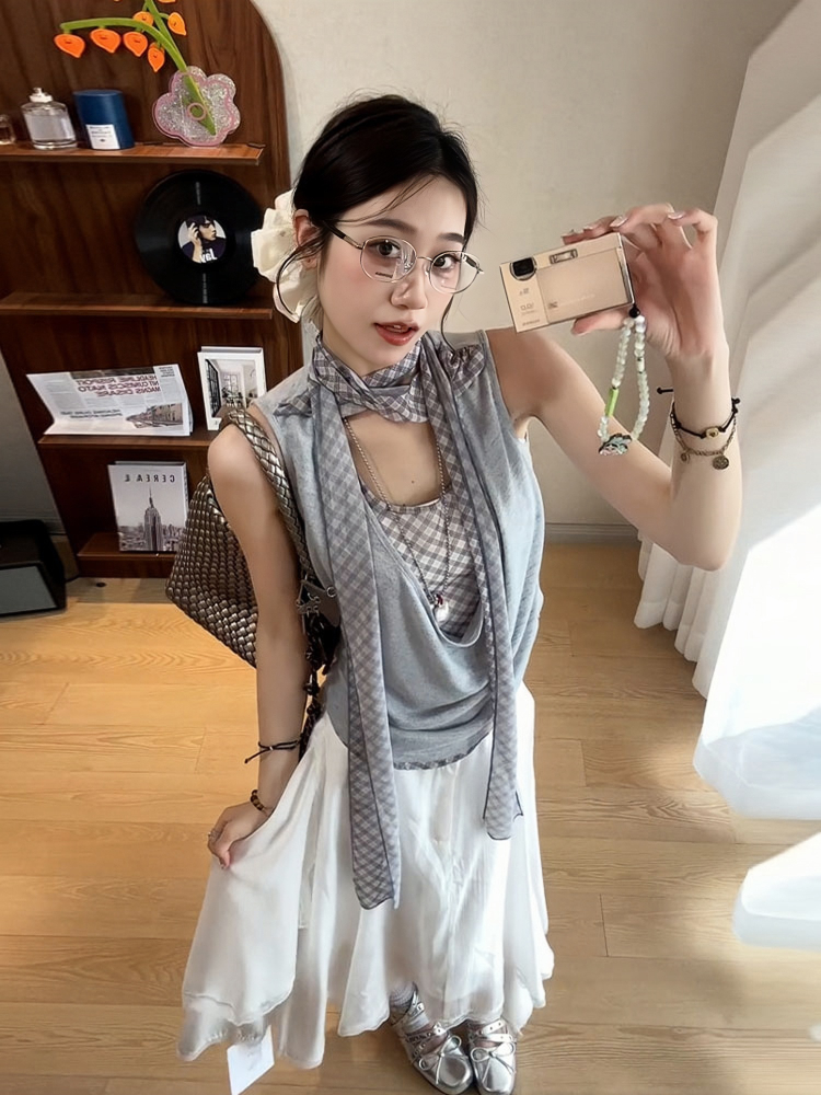 Women's Off-Shoulder Spliced Fake Two-Piece T-Shirt, Summer Plaid Sleeveless Vest, Chic Sexy Casual Top Women's Off-Shoulder Spliced Fake Two-Piece T-Shirt, Summer Plaid Sleeveless Vest, Chic Sexy Casual Top