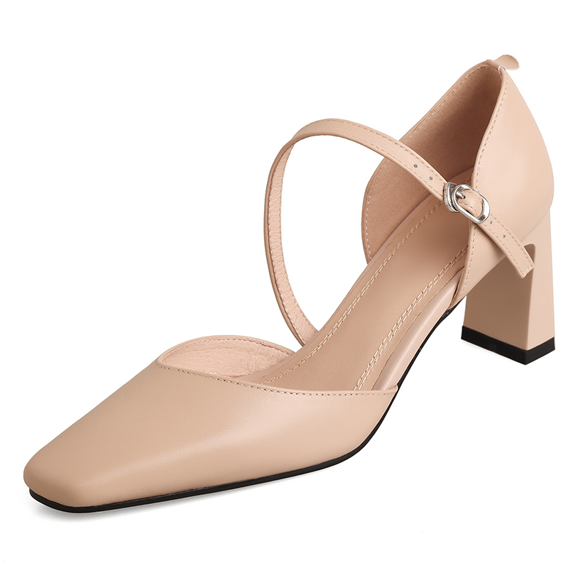 Women's One-Strap Open-Toe Chunky High Heels Sandals - Elegant Hollow Design for Summer 2025, Non-Luxury Genuine Leather Women's One-Strap Open-Toe Chunky High Heels Sandals - Elegant Hollow Design for Summer 2025, Non-Luxury Genuine Leather