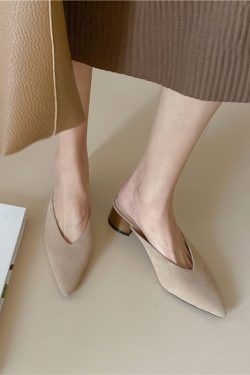 Women's Open-Toe Mid-Heel Half Slippers in French Lambskin - Comfortable Pointed Toe Design for Chic Italian Style