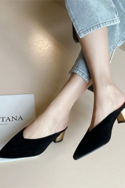 Women's Open-Toe Mid-Heel Half Slippers in French Lambskin - Comfortable Pointed Toe Design for Chic Italian Style