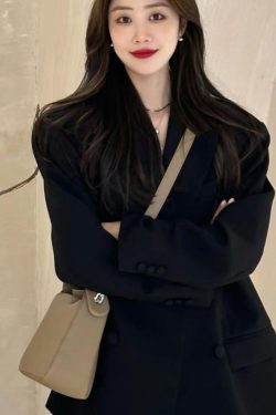 Women's Oversized Black Double-Breasted Suit Jacket - Trendy 2025 Spring Style, Loose Silhouette, High-End Fashion