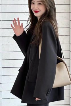 Women's Oversized Black Double-Breasted Suit Jacket - Trendy 2025 Spring Style, Loose Silhouette, High-End Fashion