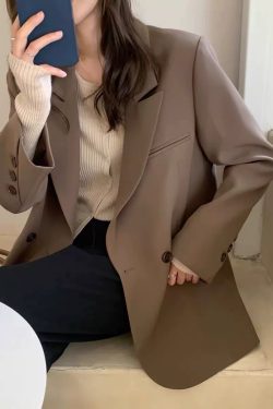 Women's Oversized Black Double-Breasted Suit Jacket - Trendy 2025 Spring Style, Loose Silhouette, High-End Fashion