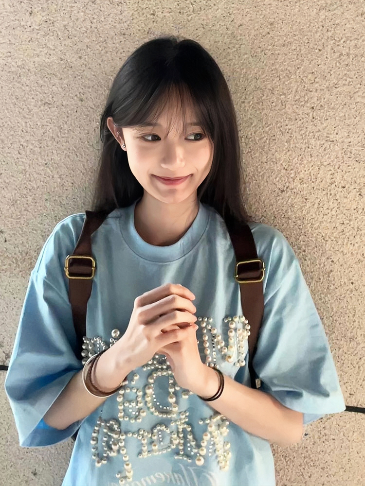 Women's Oversized Blue Heavyweight T-Shirt - American College Style with Pearl Letter Detail, Short Sleeve, Round Neck Women's Oversized Blue Heavyweight T-Shirt - American College Style with Pearl Letter Detail, Short Sleeve, Round Neck