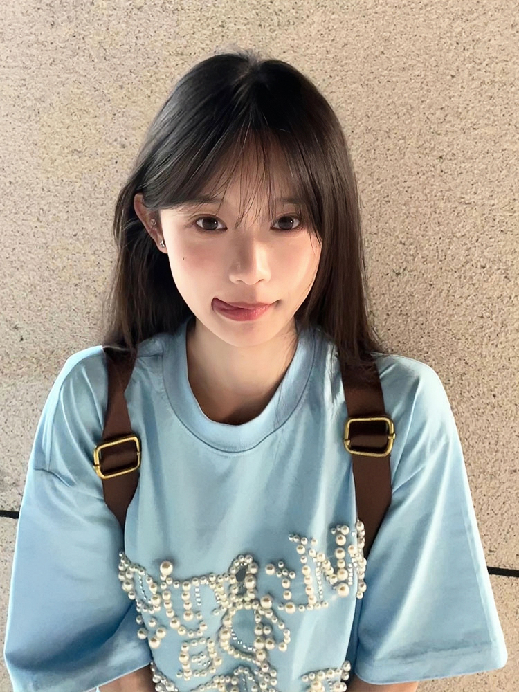 Women's Oversized Blue Heavyweight T-Shirt - American College Style with Pearl Letter Detail, Short Sleeve, Round Neck Women's Oversized Blue Heavyweight T-Shirt - American College Style with Pearl Letter Detail, Short Sleeve, Round Neck