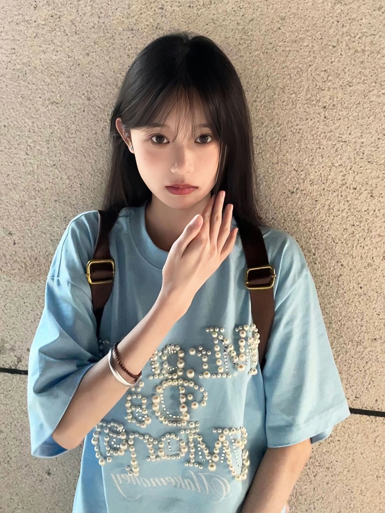 Women's Oversized Blue Heavyweight T-Shirt - American College Style with Pearl Letter Detail, Short Sleeve, Round Neck Women's Oversized Blue Heavyweight T-Shirt - American College Style with Pearl Letter Detail, Short Sleeve, Round Neck