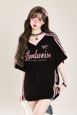 Women's Oversized Color-Block V-Neck T-Shirt - Retro Casual Summer Short Sleeve Top