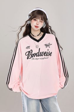 Women's Oversized Color-Block V-Neck T-Shirt - Retro Casual Summer Short Sleeve Top