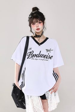 Women's Oversized Color-Block V-Neck T-Shirt - Retro Casual Summer Short Sleeve Top