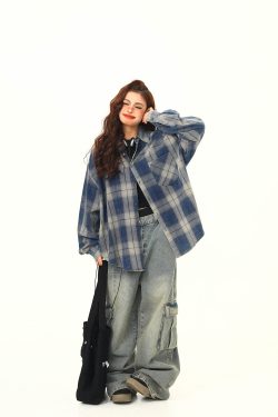 Women's Oversized Plaid Shirt - Retro American Street Style, Loose Fit Checkered Top for Autumn Fashion