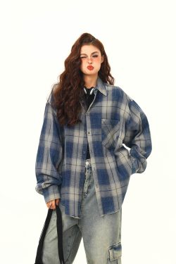 Women's Oversized Plaid Shirt - Retro American Street Style, Loose Fit Checkered Top for Autumn Fashion