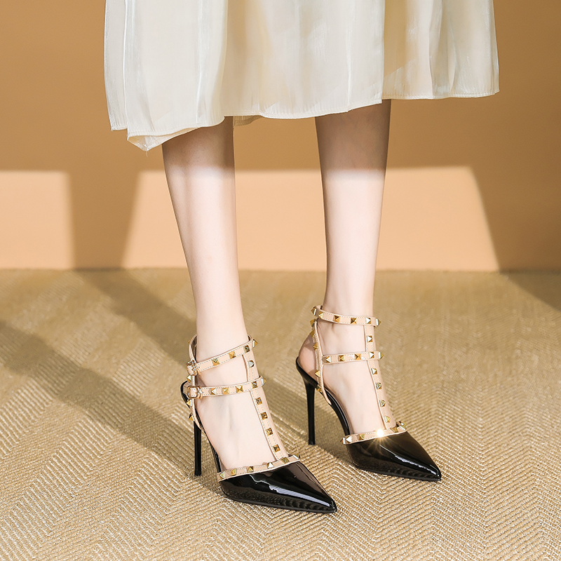 Women's Patent Leather One-Strap High Heels Sandals, Studded Summer Fashion, Thin Heels, Trendy 2025 Style Women's Patent Leather One-Strap High Heels Sandals, Studded Summer Fashion, Thin Heels, Trendy 2025 Style