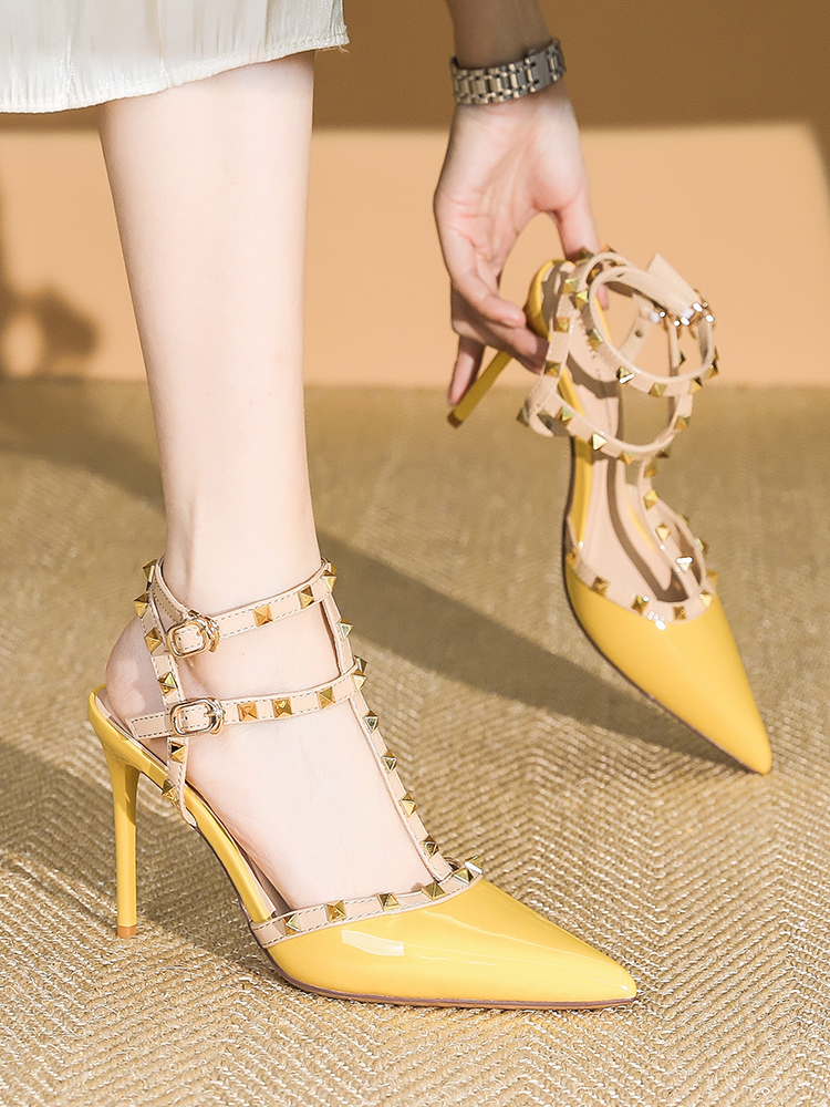 Women's Patent Leather One-Strap High Heels Sandals, Studded Summer Fashion, Thin Heels, Trendy 2025 Style Women's Patent Leather One-Strap High Heels Sandals, Studded Summer Fashion, Thin Heels, Trendy 2025 Style