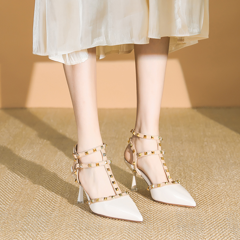 Women's Patent Leather One-Strap High Heels Sandals, Studded Summer Fashion, Thin Heels, Trendy 2025 Style Women's Patent Leather One-Strap High Heels Sandals, Studded Summer Fashion, Thin Heels, Trendy 2025 Style