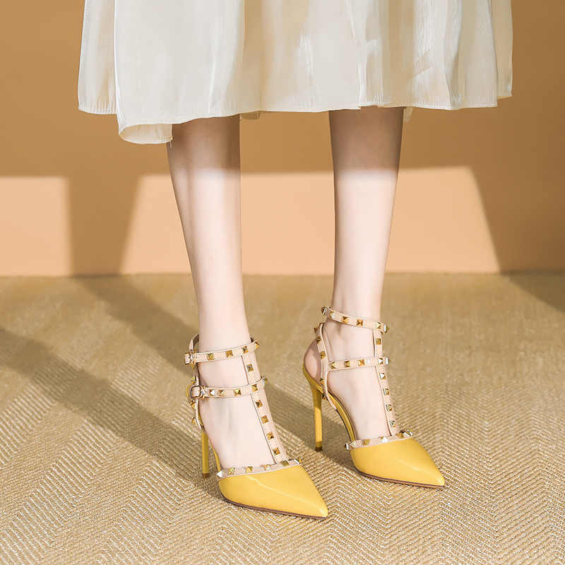 Women's Patent Leather One-Strap High Heels Sandals, Studded Summer Fashion, Thin Heels, Trendy 2025 Style Women's Patent Leather One-Strap High Heels Sandals, Studded Summer Fashion, Thin Heels, Trendy 2025 Style