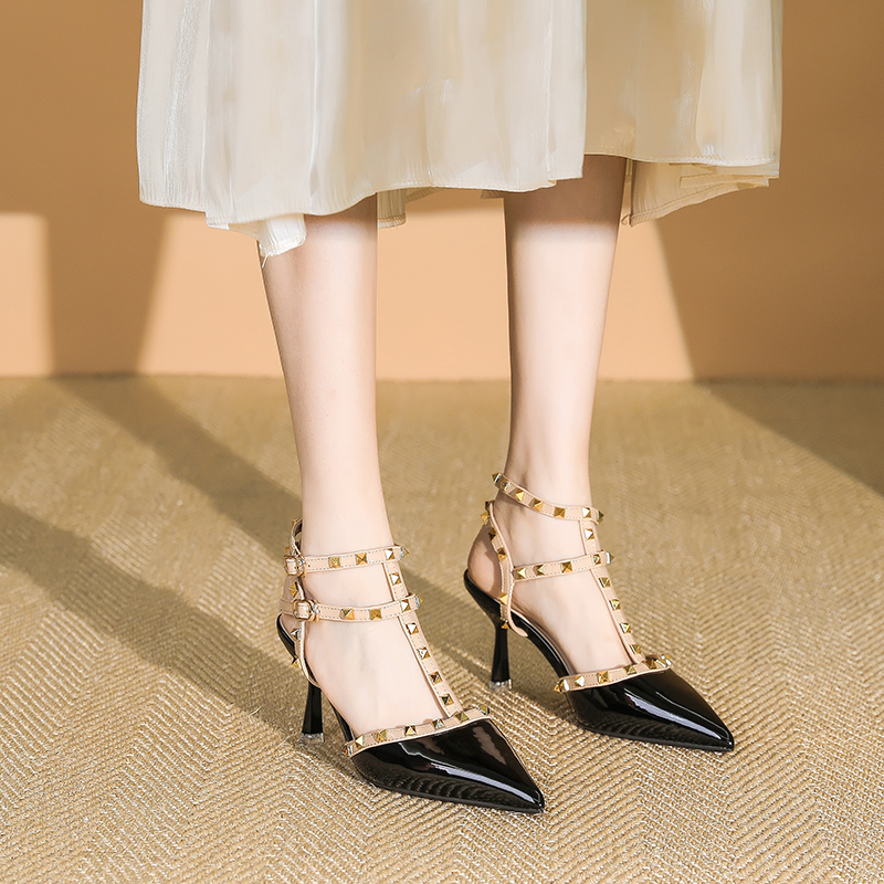 Women's Patent Leather One-Strap High Heels Sandals, Studded Summer Fashion, Thin Heels, Trendy 2025 Style Women's Patent Leather One-Strap High Heels Sandals, Studded Summer Fashion, Thin Heels, Trendy 2025 Style