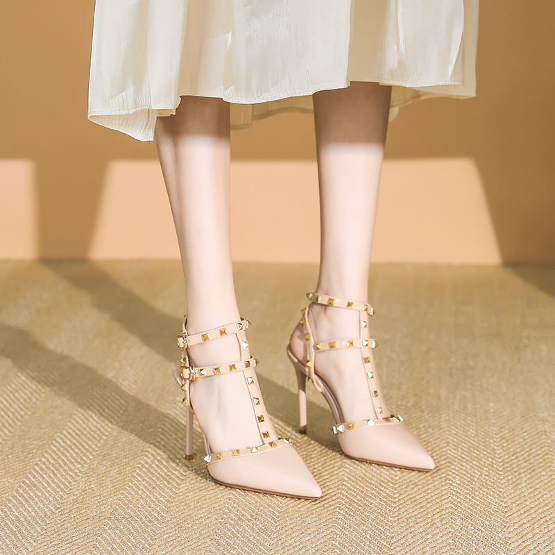 Women's Patent Leather One-Strap High Heels Sandals, Studded Summer Fashion, Thin Heels, Trendy 2025 Style Women's Patent Leather One-Strap High Heels Sandals, Studded Summer Fashion, Thin Heels, Trendy 2025 Style