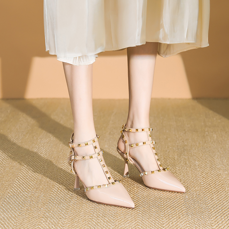 Women's Patent Leather One-Strap High Heels Sandals, Studded Summer Fashion, Thin Heels, Trendy 2025 Style Women's Patent Leather One-Strap High Heels Sandals, Studded Summer Fashion, Thin Heels, Trendy 2025 Style