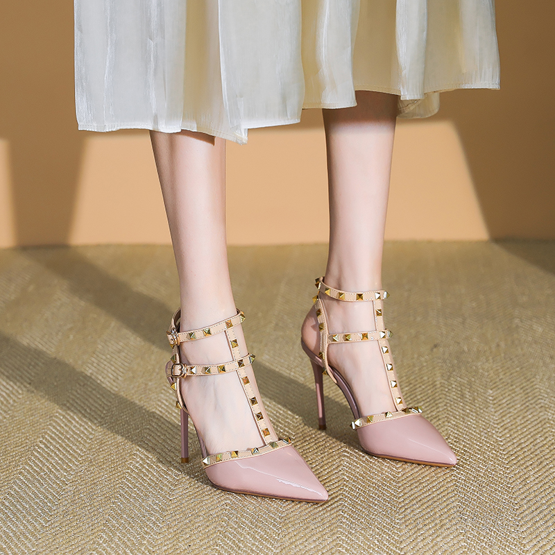 Women's Patent Leather One-Strap High Heels Sandals, Studded Summer Fashion, Thin Heels, Trendy 2025 Style Women's Patent Leather One-Strap High Heels Sandals, Studded Summer Fashion, Thin Heels, Trendy 2025 Style