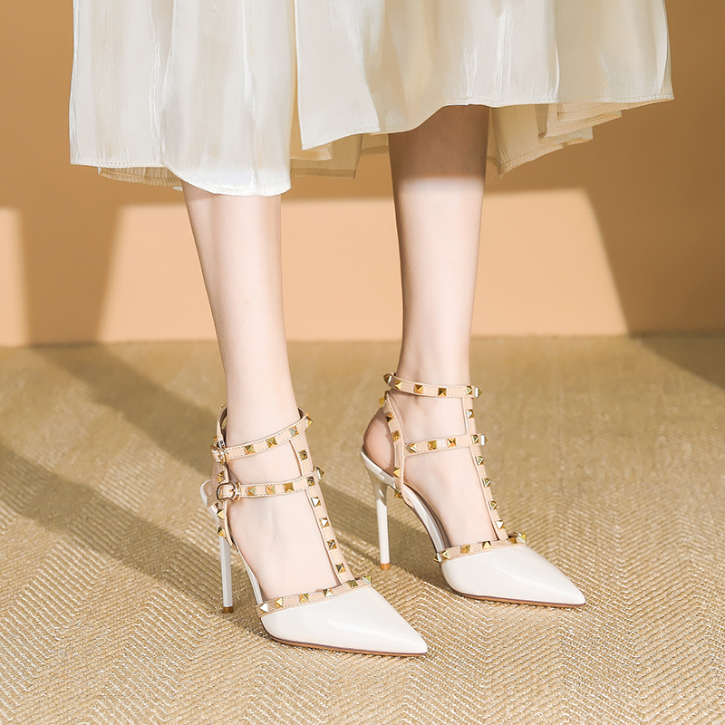 Women's Patent Leather One-Strap High Heels Sandals, Studded Summer Fashion, Thin Heels, Trendy 2025 Style Women's Patent Leather One-Strap High Heels Sandals, Studded Summer Fashion, Thin Heels, Trendy 2025 Style