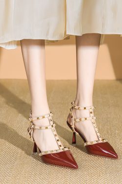 Women's Patent Leather One-Strap High Heels Sandals, Studded Summer Fashion, Thin Heels, Trendy 2025 Style