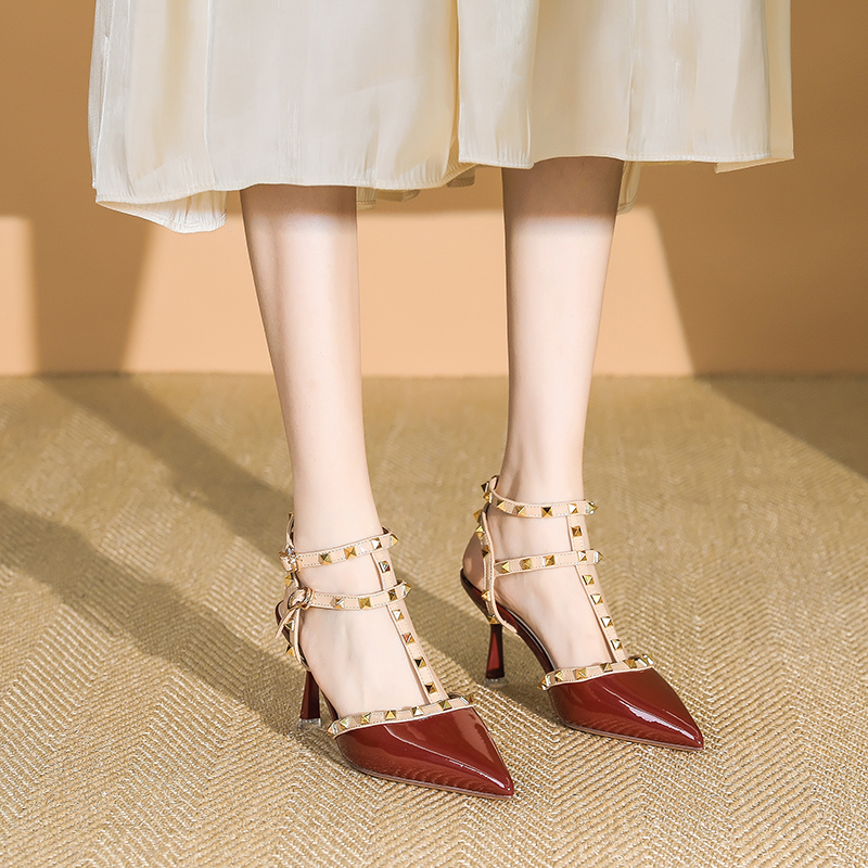 Women's Patent Leather One-Strap High Heels Sandals, Studded Summer Fashion, Thin Heels, Trendy 2025 Style Women's Patent Leather One-Strap High Heels Sandals, Studded Summer Fashion, Thin Heels, Trendy 2025 Style