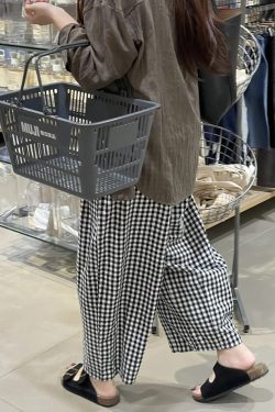 Women's Petite Plus Size Loose Checkered Cropped Wide-Leg Balloon Pants for Summer